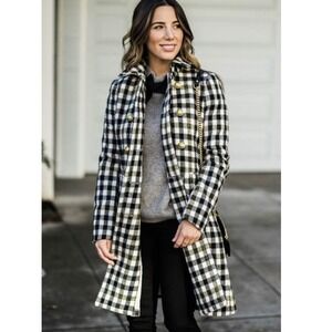 J.Crew Double Breasted Wool‎ Coat in Black Ivory Oxford Check Plaid Size 0